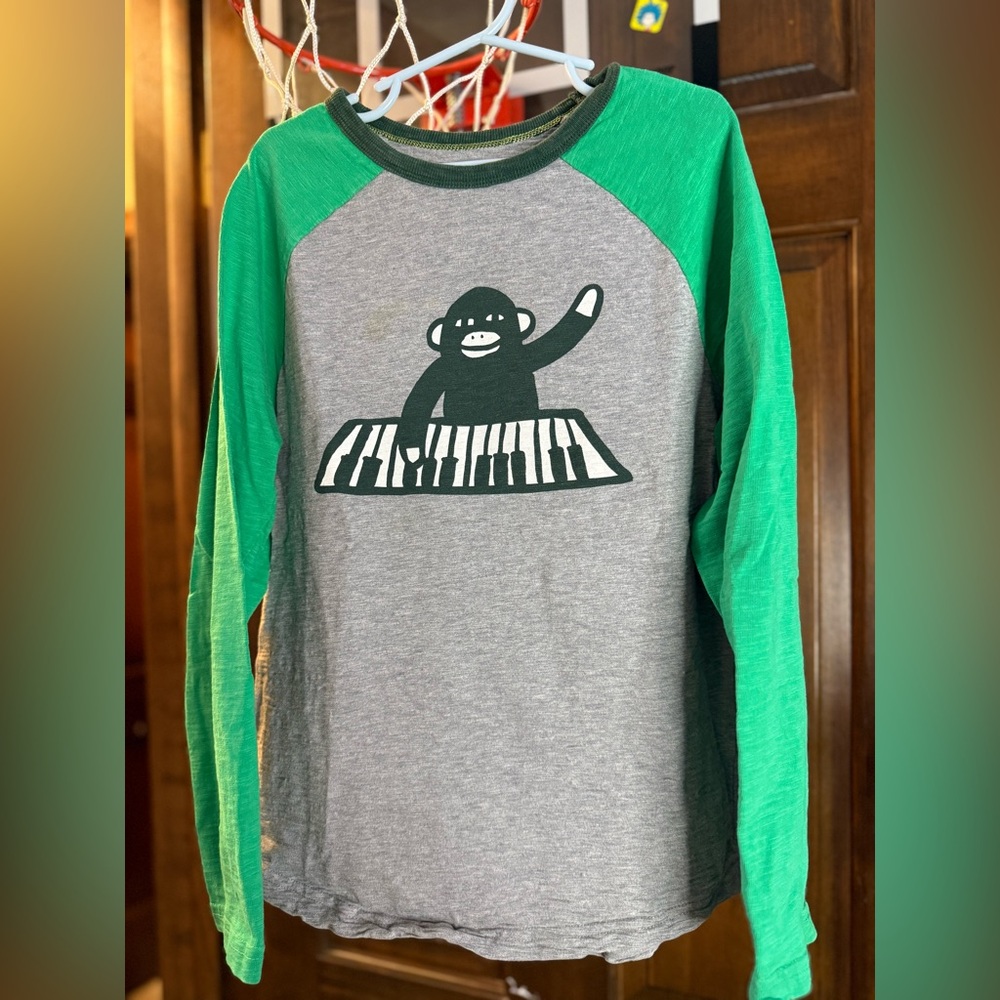 Kids Long Sleeve Raglan Graphic Tee with Monkey Playing Piano